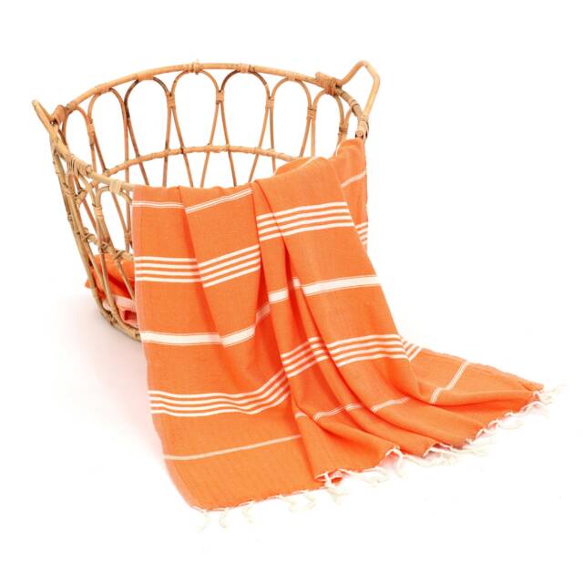 Hand Loomed Turkish Cotton Beach Towel, Orange Striped Hammam Towel - image 1