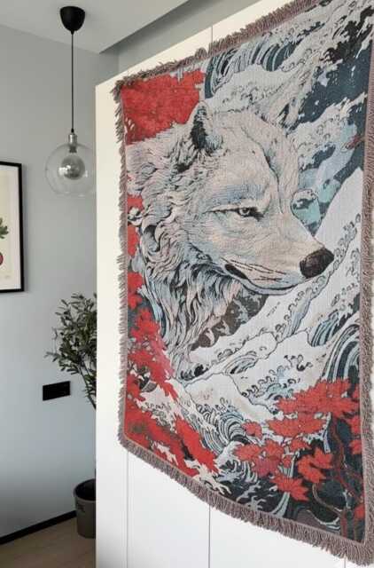 Japanese Wolf Tapestry Woven Throw Blanket, Red Maple Leaves, Large Fox Art Wall Hanging, Cottagecore Cozy Couch Cover - image 1
