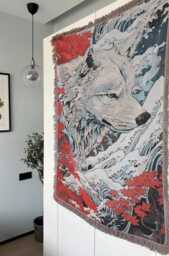 Japanese Wolf Tapestry Woven Throw Blanket, Red Maple Leaves, Large Fox Art Wall Hanging, Cottagecore Cozy Couch Cover - thumbnail 1