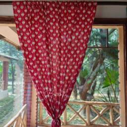 Floral Cottage Vintage Style Red Curtain Panels, Custom Made Curtains, Light Breezy Floral Trail Printed Cotton Drapes - thumbnail 2