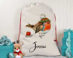 Personalised Large Christmas Sack Robin Sledge Design Xmas Stocking Gift Rudolph Red Drawstring Decoration Sk051