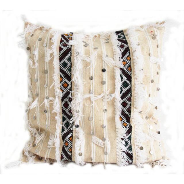 Luxurious Handira Moroccan Wedding Blanket Cushion Cover - 55x55cm, Hand-Woven Wool With Sequins in White