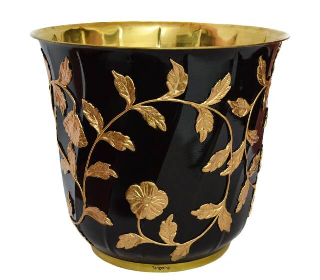Brass Planter in Black & Golden Embossed Floral Design - Plant Container Decorative Flower Pot - 12 - image 1