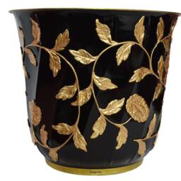 Brass Planter in Black & Golden Embossed Floral Design - Plant Container Decorative Flower Pot - 12 - thumbnail 2