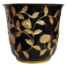 Brass Planter in Black & Golden Embossed Floral Design - Plant Container Decorative Flower Pot - 12 - thumbnail 3