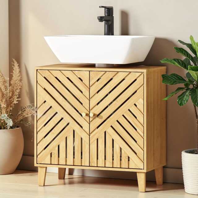 Bamboo Under Sink Bathroom Cabinet Freestanding Nordic Storage Unit With Adjustable Shelf & Slatted Doors - image 1