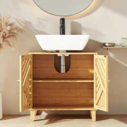 Bamboo Under Sink Bathroom Cabinet Freestanding Nordic Storage Unit With Adjustable Shelf & Slatted Doors - thumbnail 2