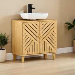 Bamboo Under Sink Bathroom Cabinet Freestanding Nordic Storage Unit With Adjustable Shelf & Slatted Doors - thumbnail 3
