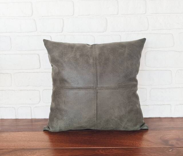 Olive Green Vegan Leather Pillow Cover Modern Rustic Stitched Square Design - image 1