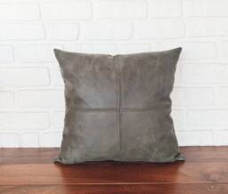 Olive Green Vegan Leather Pillow Cover Modern Rustic Stitched Square Design