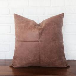 Olive Green Vegan Leather Pillow Cover Modern Rustic Stitched Square Design - thumbnail 3