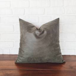 Olive Green Vegan Leather Pillow Cover Modern Rustic Stitched Square Design - thumbnail 2