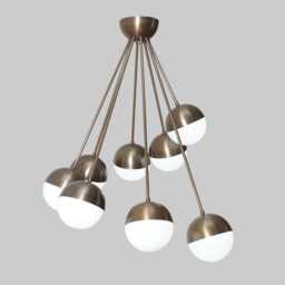 Raw Brass Sputnik Chandelier, Eight Glass Globe, Mid-Century Modern Pendant - thumbnail 1