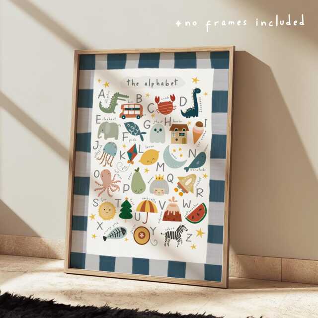 Educational Alphabet Chart Print With Navy Border, Colourful Playroom Toddler Room Wall Art - image 1