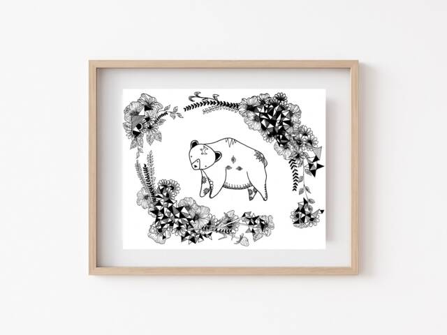 "Floral Bear Art Print - Celestial Nursery Wall Black & White ""Keeper" - image 1
