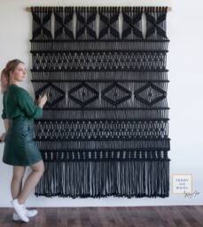 "Extra Large Macrame Wall Hanging - Black Tapestry ""Rosa" - thumbnail 1