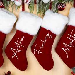 Personalized Red Velvet Christmas Stocking Custom Name, Plush Faux Fur Cuff - thumbnail 3