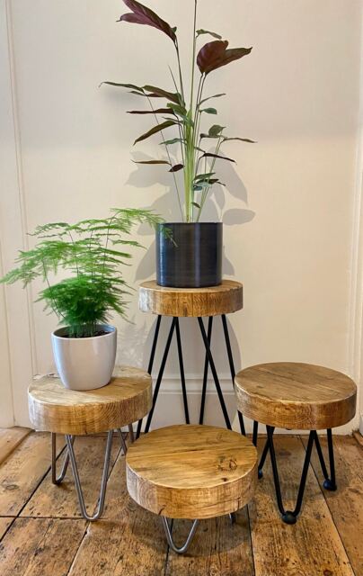 Handcrafted Rustic Wooden Plant Stand - Reclaimed Scaffold Boards Mini Table Furniture Hairpin Legs - image 1