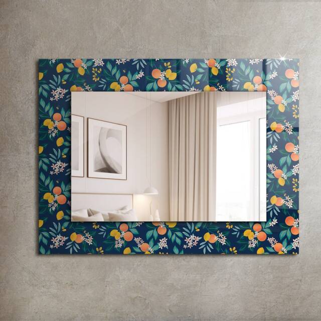 Flowers & Fruits Mirror, Rectangular Mirror With Frame, Brown Printed Decorative Wall Hallway - image 1