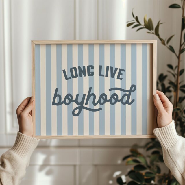 Blue Long Live Boyhood Stripe Print, Boy Nursery Decor, Kids Room, Play Room Wall Quote Art Unframed Print - image 1