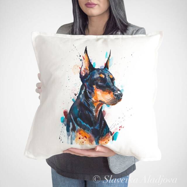 Doberman Throw Pillow Cover By Slaveika Aladjova, Cushion Cover, Decorative Pillow Cover, Animal Art, Watercolor Pillow, Christmas Gift - image 1