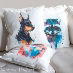 Doberman Throw Pillow Cover By Slaveika Aladjova, Cushion Cover, Decorative Pillow Cover, Animal Art, Watercolor Pillow, Christmas Gift - thumbnail 2