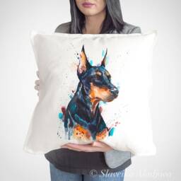 Doberman Throw Pillow Cover By Slaveika Aladjova, Cushion Cover, Decorative Pillow Cover, Animal Art, Watercolor Pillow, Christmas Gift - thumbnail 1