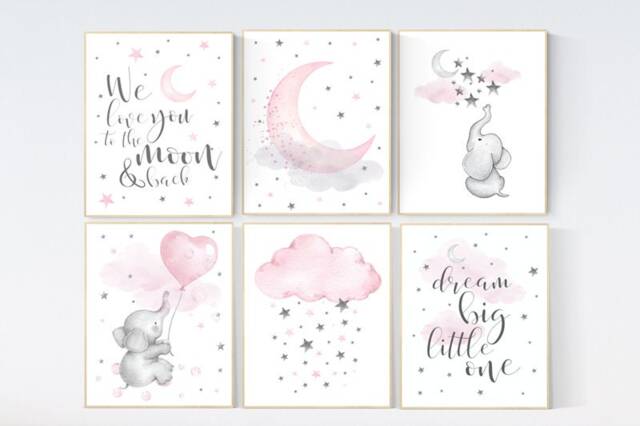 Elephant Nursery Decor Moon, Stars, Clouds Girl Room Wall Art - image 1