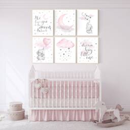 Elephant Nursery Decor Moon, Stars, Clouds Girl Room Wall Art - thumbnail 2