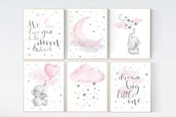Elephant Nursery Decor Moon, Stars, Clouds Girl Room Wall Art - thumbnail 1