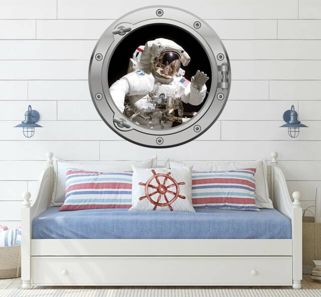 Large Spaceman Astronaut Port Hole Silver Or Gold Porthole Round Gloss Sealed Cut Wall Sticker Decal Adhesive - image 1
