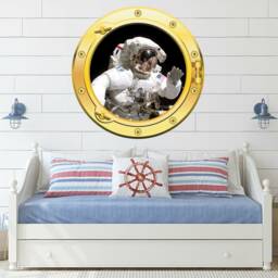 Large Spaceman Astronaut Port Hole Silver Or Gold Porthole Round Gloss Sealed Cut Wall Sticker Decal Adhesive - thumbnail 2