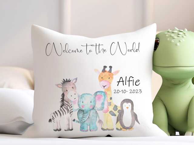 Personalised Safari Print Baby Cushion Soft Pillow Cover, Birthday Gift - image 1