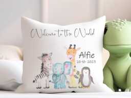 Personalised Safari Print Baby Cushion Soft Pillow Cover, Nursery Birthday Gift