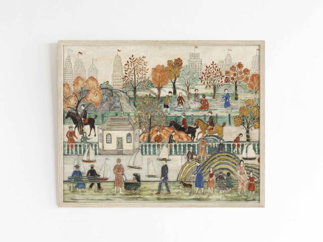 Central Park - Vintage Tempera Folk Art Illustration New York Autumn Fall Scene Large Print Sizes 8x10 12x16 16x20 - image 1