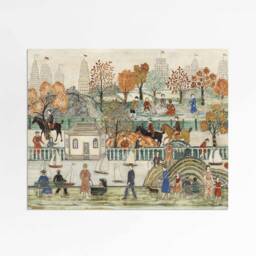 Central Park - Vintage Tempera Folk Art Illustration New York Autumn Fall Scene Large Print Sizes 8x10 12x16 16x20 - thumbnail 2