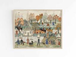 Central Park - Vintage Tempera Folk Art Illustration New York Autumn Fall Scene Large Print Sizes 8x10 12x16 16x20 - thumbnail 1