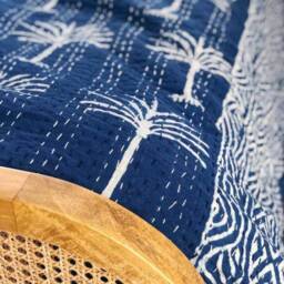 Handmade Palm Tree Kantha Quilt, Indian Bedspread, Queen Bedcover - thumbnail 3