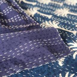 Handmade Palm Tree Kantha Quilt, Indian Bedspread, Queen Bedcover - thumbnail 2