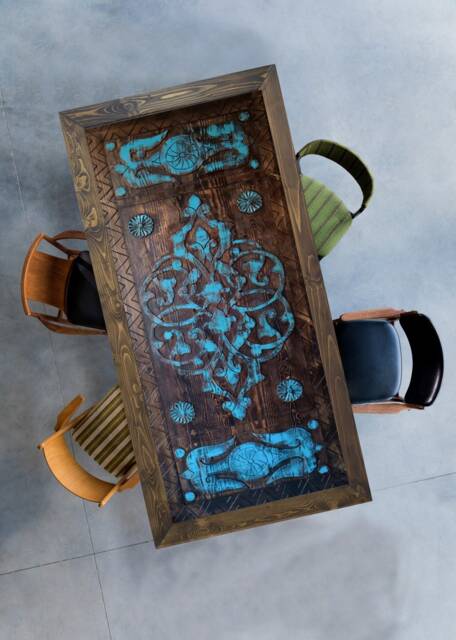 Hand Carved Rustic Dining Table Acrylic Painted Wood - image 1