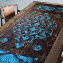 Hand Carved Rustic Dining Table Acrylic Painted Wood - thumbnail 3