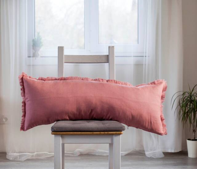 Salmon Pink Lumbar Pillow Cover, Fringe Long May Be Sewn in Custom Size - Handmade Cushion Case For Home Decor - image 1