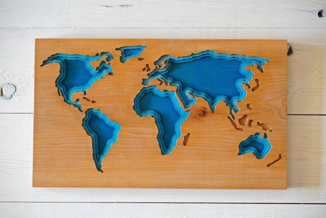 Blue Wood World Map Wall Art Deep Relief Carving - 19.5x12 In - image 1