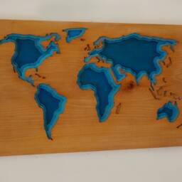 Blue Wood World Map Wall Art Deep Relief Carving - 19.5x12 In - thumbnail 3