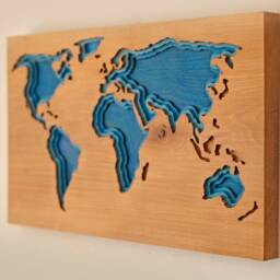 Blue Wood World Map Wall Art Deep Relief Carving - 19.5x12 In - thumbnail 2