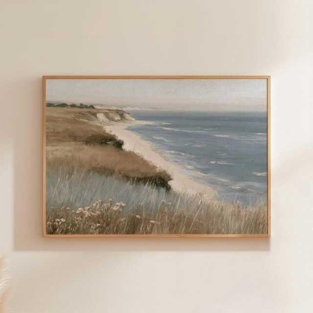 Coastal Landscape Poster, Blue Seascape Wall Art, Soft Beach Painting - image 1