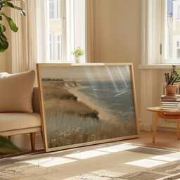 Coastal Landscape Poster, Blue Seascape Wall Art, Soft Beach Painting - thumbnail 4