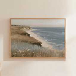 Coastal Landscape Poster, Blue Seascape Wall Art, Soft Beach Painting