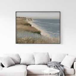 Coastal Landscape Poster, Blue Seascape Wall Art, Soft Beach Painting - thumbnail 3