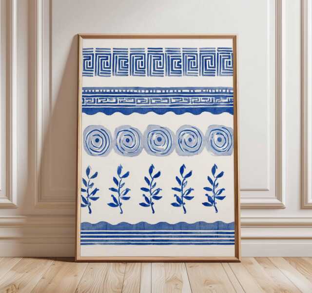 Blue Greek Pattern Art Print, Wall Art, Hellenic Geometric Poster, Mediterranean Decor, Ancient Greece Inspired Print - image 1